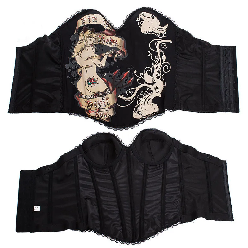 

Wings and Roses Printed Gothic Punk Sexy Vintage Corset Black Cotton Hook Up Waist Bustier Tattoo Boned Burlesque Corselet Top