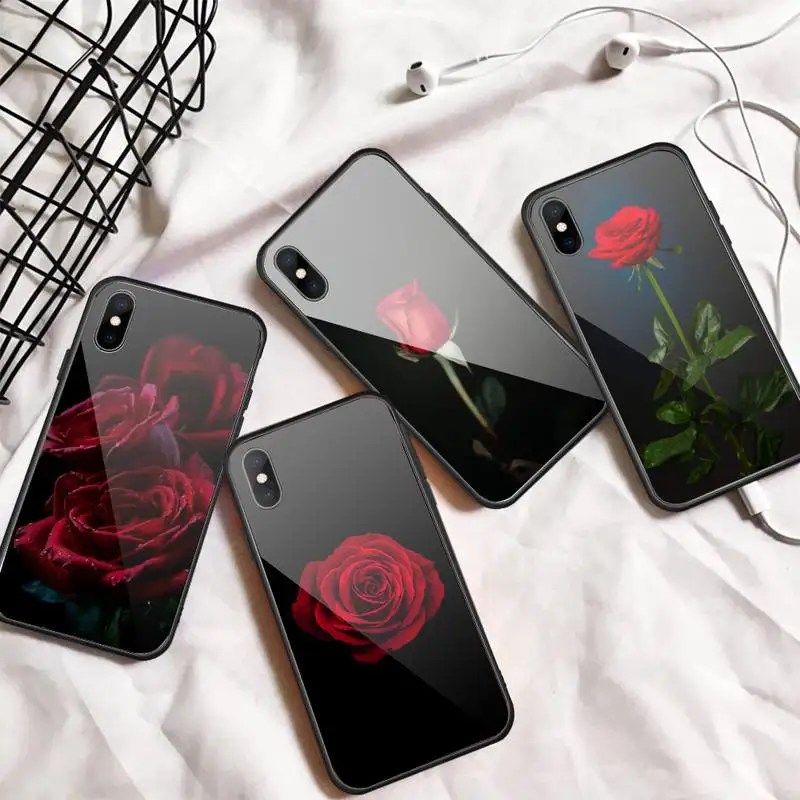 

Rose red romantic lover flowers Phone Case Tempered glass For iphone 6 7 8 plus X XS XR 11 12 13 PRO MAX mini