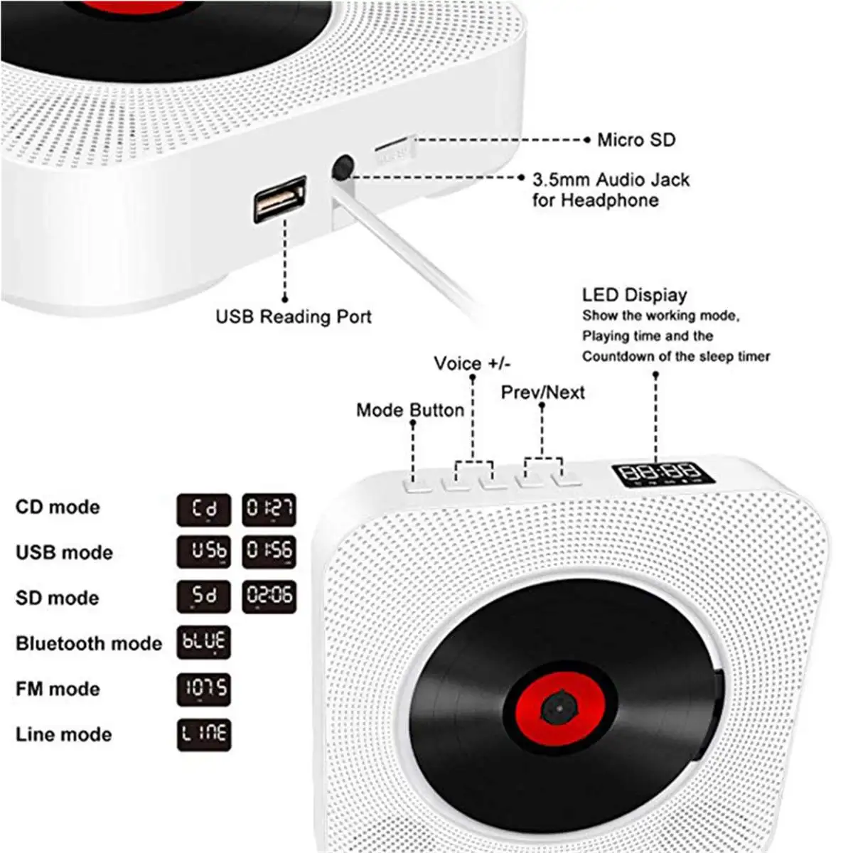 CD-плеер настенный bluetooth портативный домашний аудио бокс с пультом дистанционного управления fm-радио встроенный HiFi колонки MP3 100-240 В