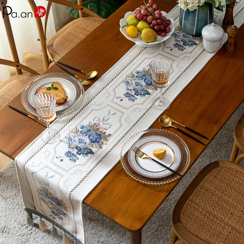 

European Chenille Tassel Table Runner Household Jacquard Shoe Cabinet Flag Long Strip Coffee Table Cloth TV Cabinet Cover Towel