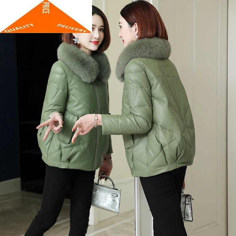 Женская зимняя куртка из натуральной кожи на утином пуху Женское пальто с