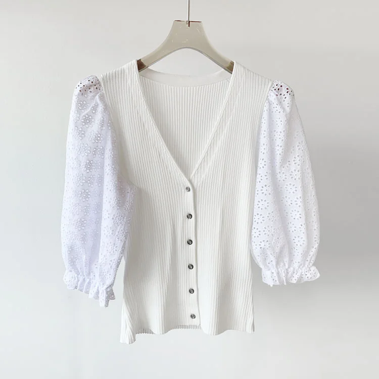 

2021 New Women Fashion Knit Top V-Neck Single Breasted Stitching Sweater Embroidery Puff Sleeve Lady Hollow Out Knit Cardigans