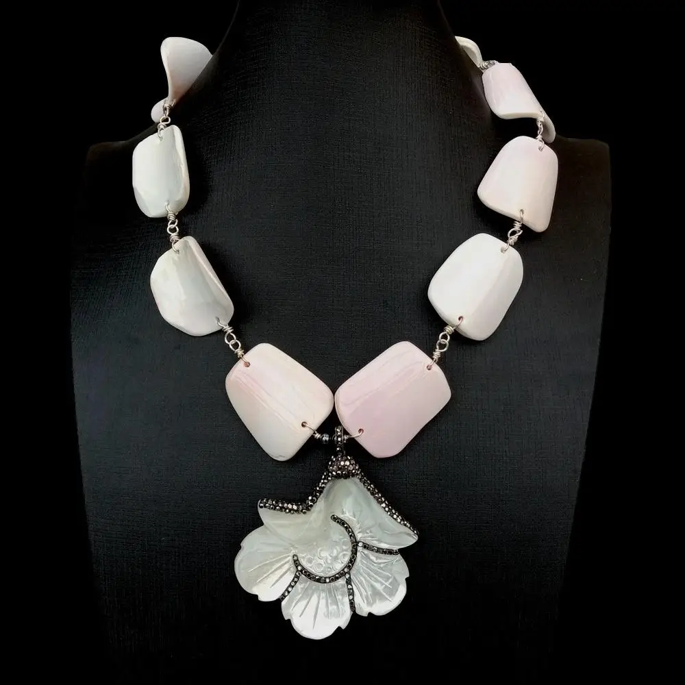 

YYING Natural Pink Queen Conch Necklace White Mother Of Pearl Shell Carved Flower Black Macarsite Pendant 20"