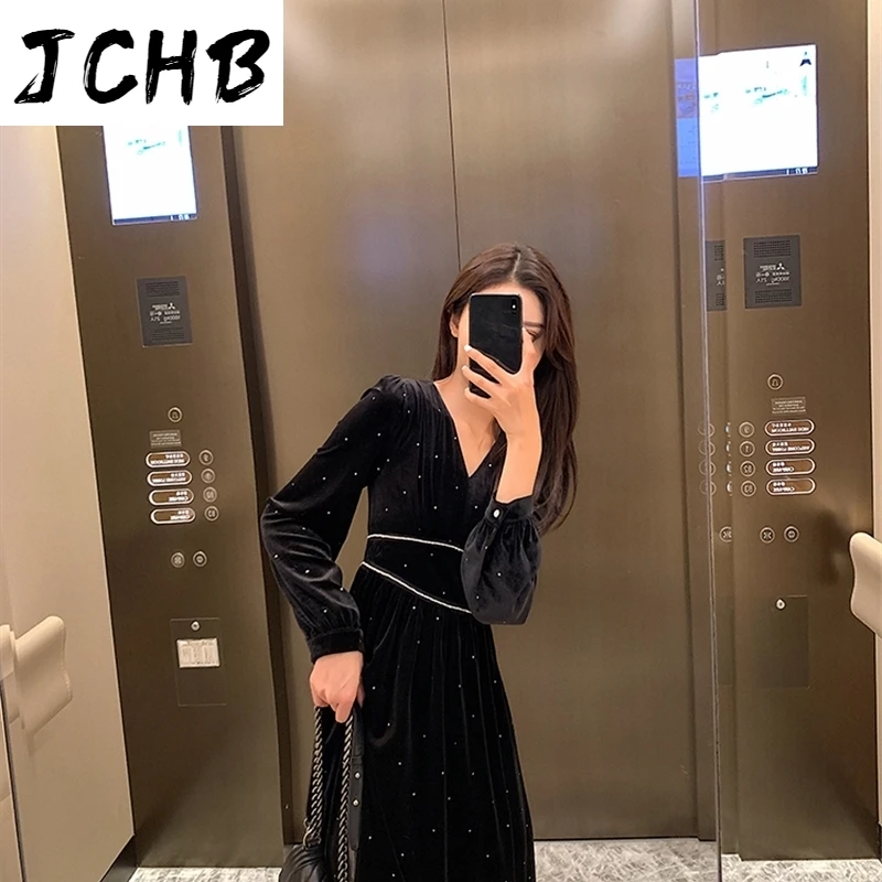 

JCHB 2021 Fashion Black Dress Woman Vintage Midi Dress Female Long Sleeve Dresses for Women Spring Autumn V-neck Vestidos Pph31