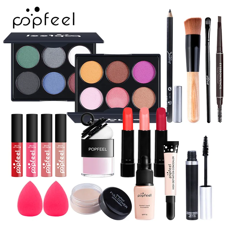 

Popfeel 20pc Makeup Set Brushes Lip Gross Lipstick Concealer Eyebrow Mascara cosmetic Glitter Matte Eyeshadow Palette Maquillaje