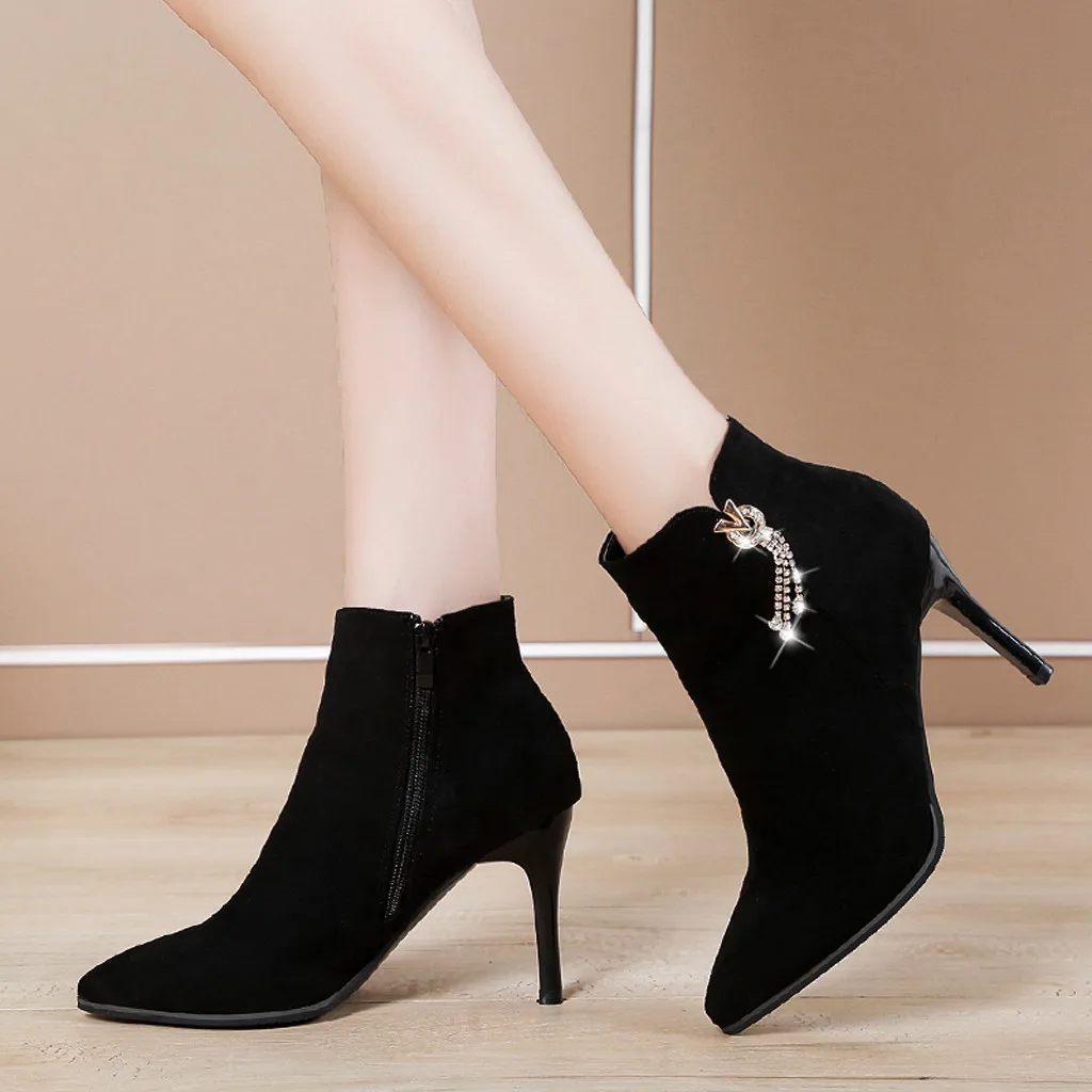 Женские ботильоны черные ботинки на платформе и тонком каблуке обувь резиновой