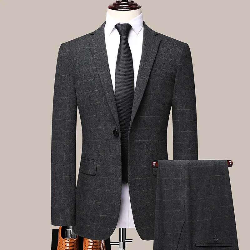 

2022 Men's Fashion Plaid Business Suit Youth Autumn New Professional Wedding Best Man Suit Two Pieces
