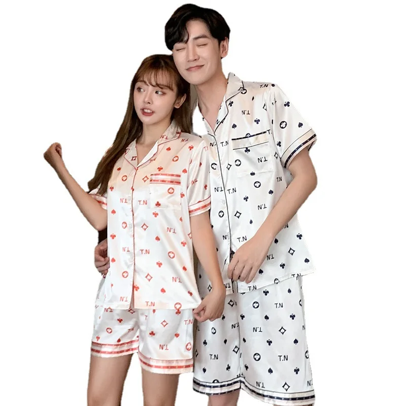 2021 New Summer Ice Silk Couple Pajamas Suit Short Sleeve Shorts Sleepwear Women's Homewear Female Nightwear Sleeping Wear