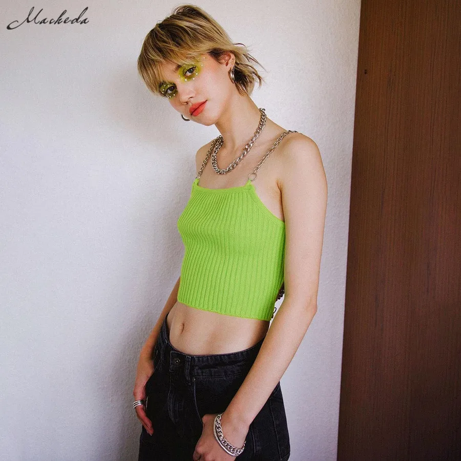 

Macheda Spring Green Fashion Tank Top Women Knitting Sleeveless Backless Sexy Slim Clothing Y2K Lady Solid Crop Top 2021 New