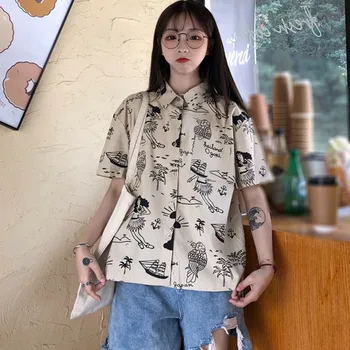 Harajuku Women Blouse Printed Hawaii Short Sleeve Turn-down Collar Casual Shirt Beach Tops 1