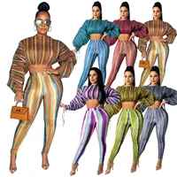 winter women tracksuit matching suit striped colorful crop top and long pants sportsuit clothes for women outfit