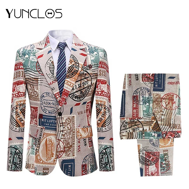 YUNCLOS мужской модный цветочный принт комплект из 2 предметов повседневные Костюмы