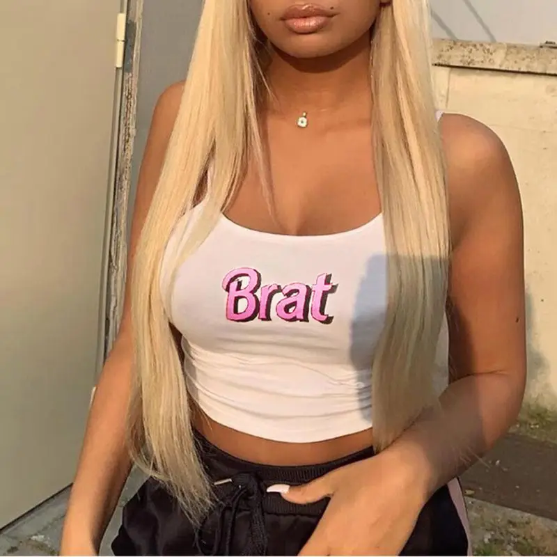 Женское летнее без рукавов укороченный топ с принтом надписями пикантный