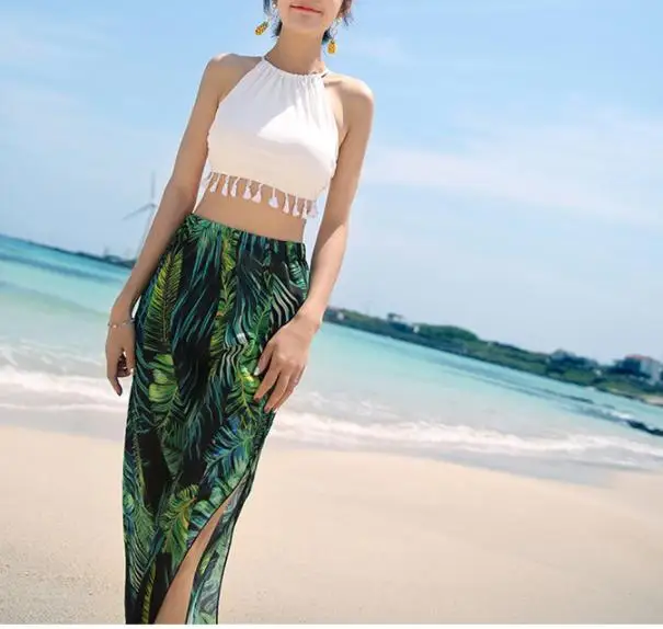 

High Waist Boho Print Long Skirt Women Split Maxi Skirt Plant Print Beach Skirt Female Vintage Summer Green Print Skirt 3 Piece