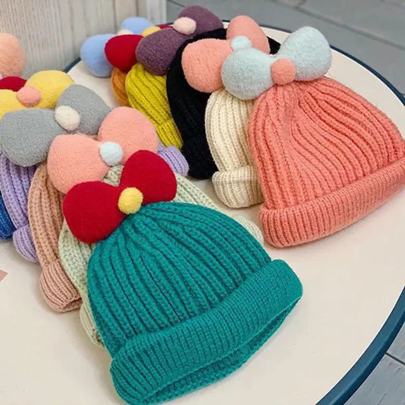 

Korean Fashion New Winter Baby Hat Bowknot Cute Boys Girls Knitted Hats Children Cap Autumn Solid Color Outdoor Warm Beanie