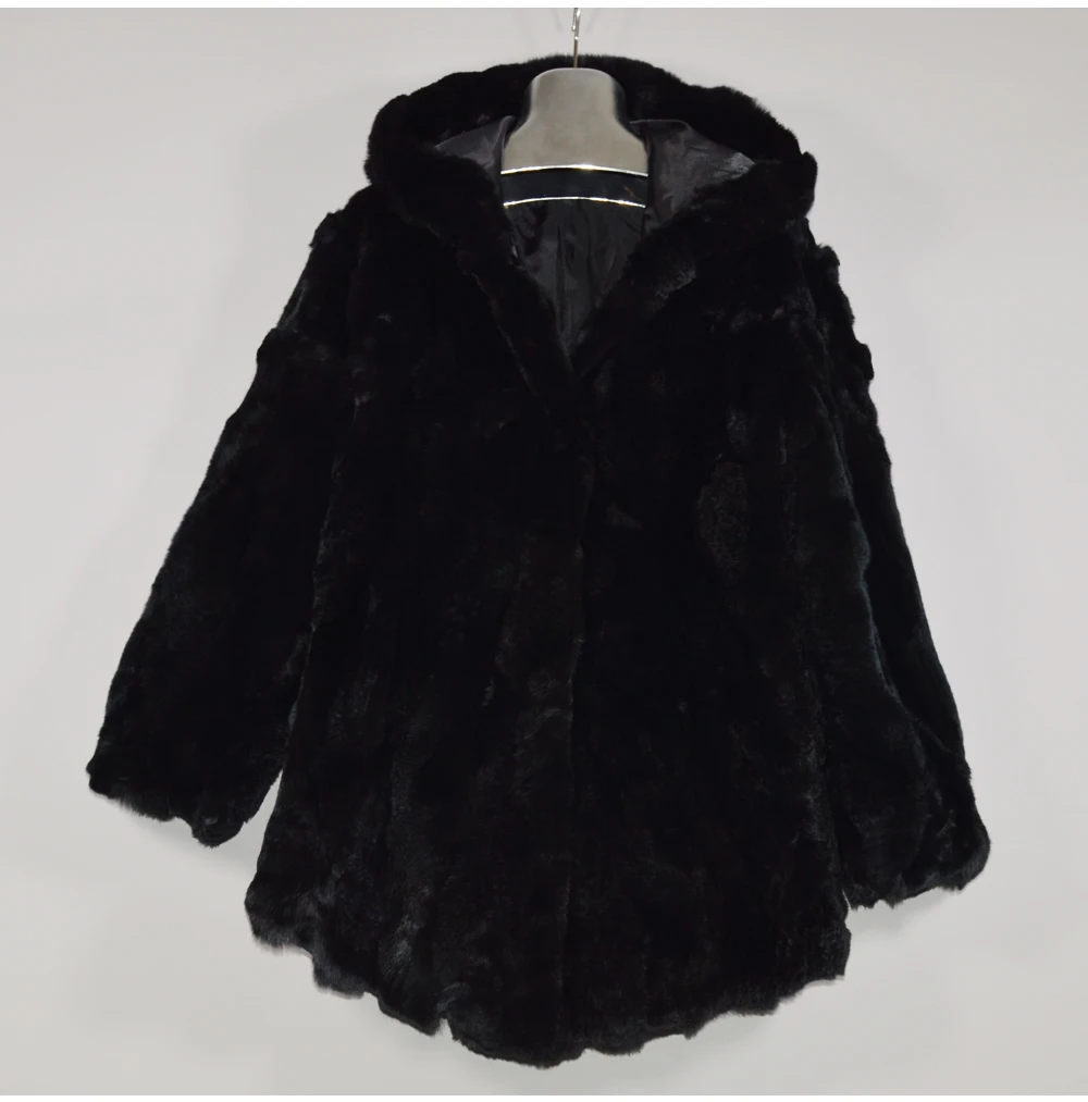 Хорошее качество, женская зимняя длинная куртка из натурального меха Рекс, женская шуба из кролика Рекс, натуральный мех кролика Рекс, пальто с капюшоном