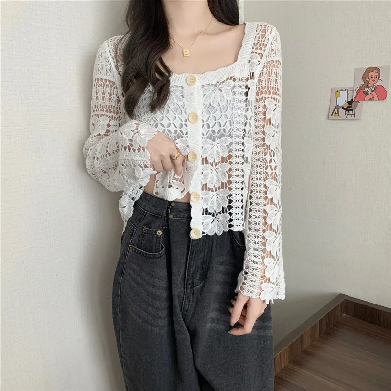 

Real Shot Plus Size Women's 2021 Summer Autumn New Trendy Lace Knitted Cardigan Carefully Machined Hollow Thin Square Neck Top