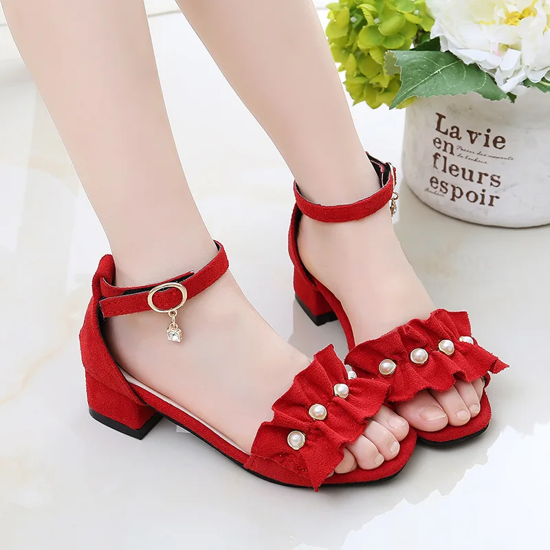 

Big Children Red Pearls Beading Ankle Strap Sandals For Kids Teens Girls Sandals Wedding Party Dress Princess Shoes New 2020