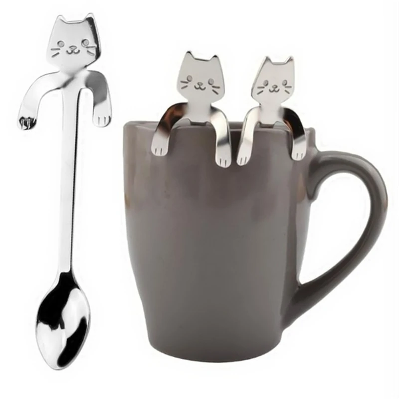 

2PCS Stainless Steel Coffee Spoon Cute Cat Shape Teaspoon Dessert Snack Scoop Ice Cream Mini Spoons Tableware Kitchen Tools