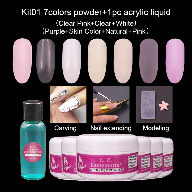 7 цветов акриловый порошок прозрачный розовый белый набор для наращивания ногтей
