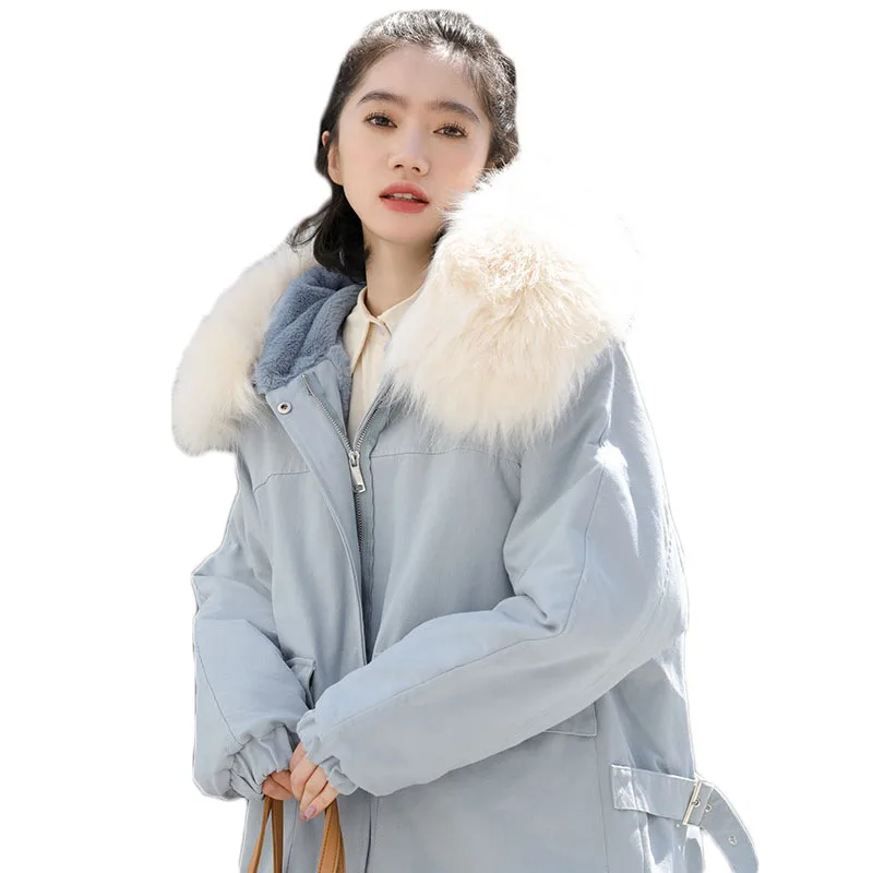 

Parkas Women Velvet Thick Cotton Padded Jacket Pop New Loose Large Size Winter Student Fur Collar Hooded Cotton Coat NS2297