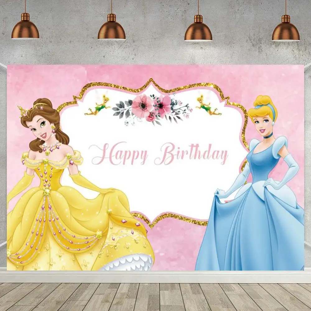

Beautiful Yellow Dress Castles Princess Prom Party Backdrop Girl Birthday Cake Table Decor Poster Photography Background Custom