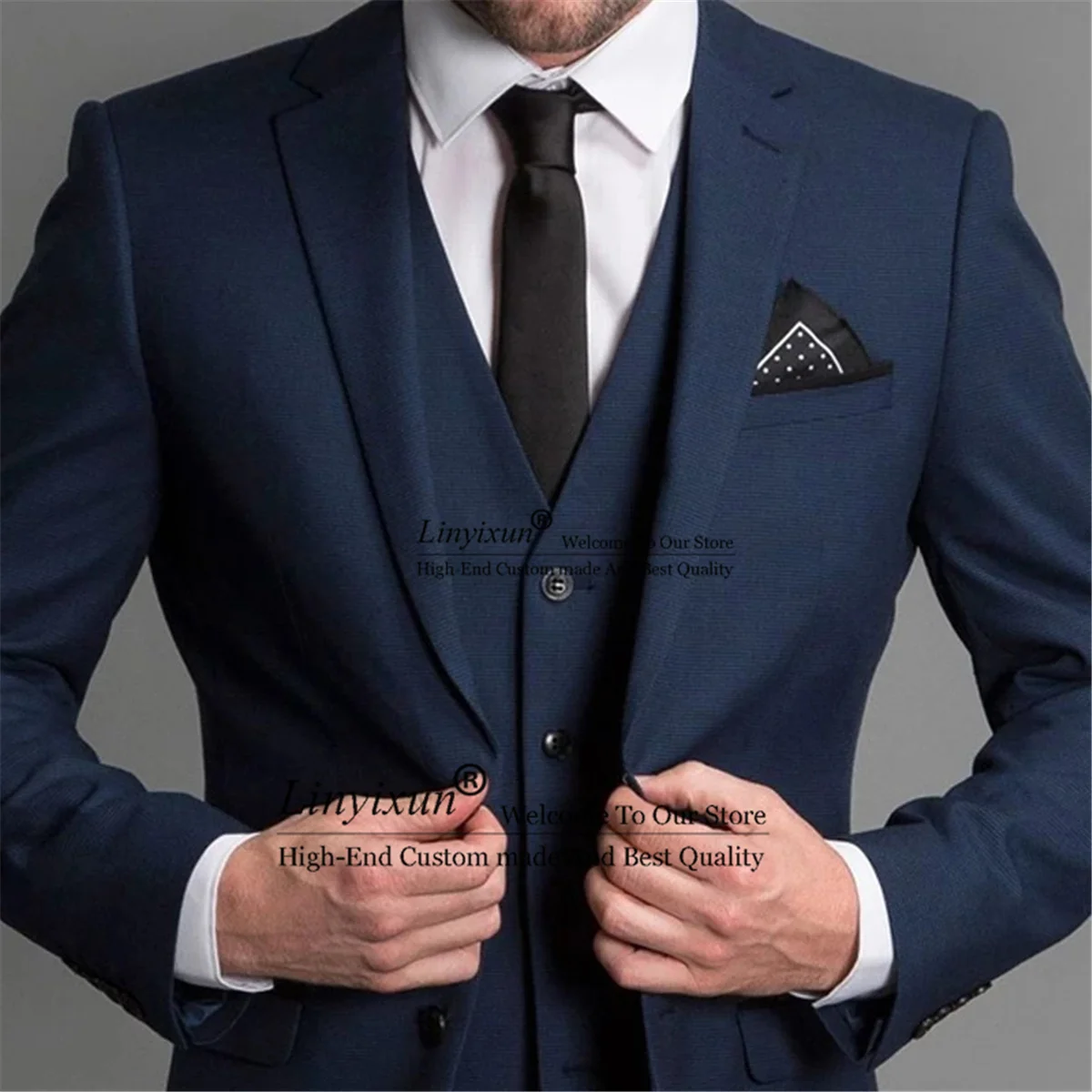 

Navy Blue Formal Wedding Tuxedo Gentleman Prom Suits Slim Fit Boyfriend Fashion Set Blazer 3 Piece Terno Masculino Vest + Pants