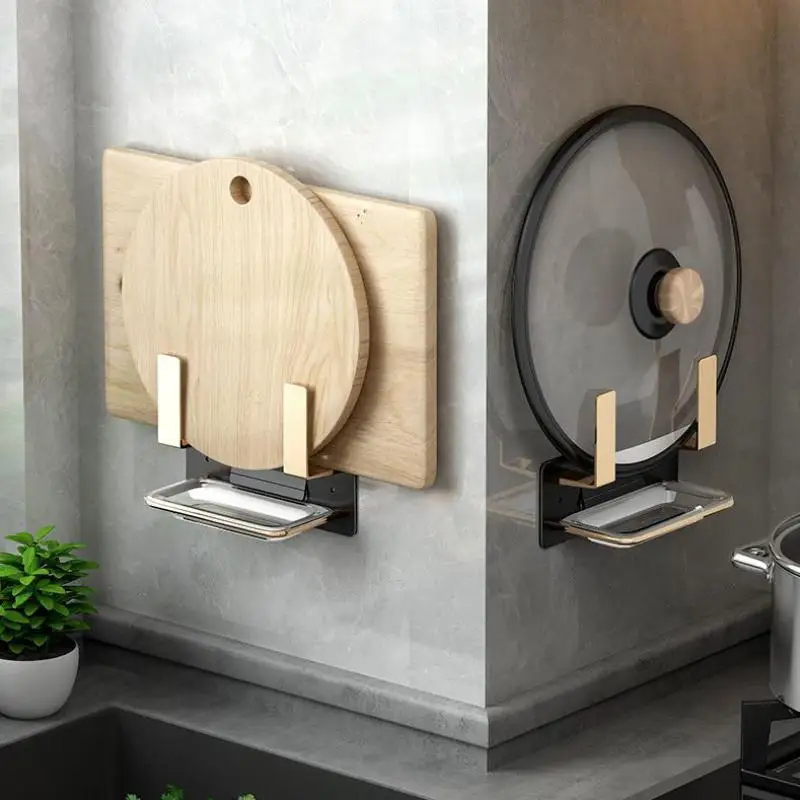 

Punch Free Kitchen Pot Lid Rack Holder With Water Tray Space Aluminum Wall Amounted Hanging Chopping Board Storage Organizer