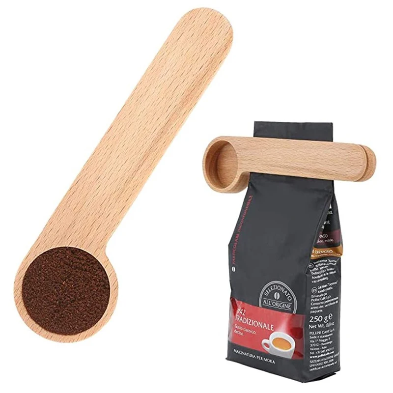 Cuchara de madera maciza de haya para caf&eacute;, cuchara medidora con Clip para bolsa, regalo, venta al por mayor, 100 unids/lote-0