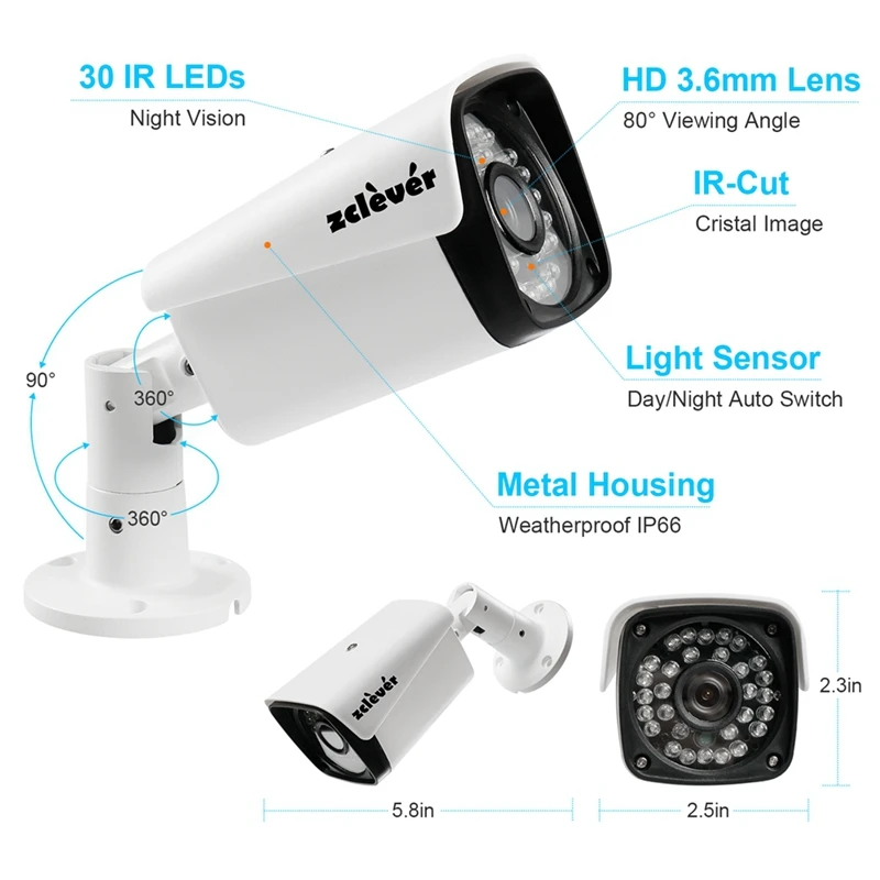 1080P Φ Zclever 8CH DVR и 4/8pcs 2.0MP атмосферостойкие IP66 цилиндрические камеры ночного