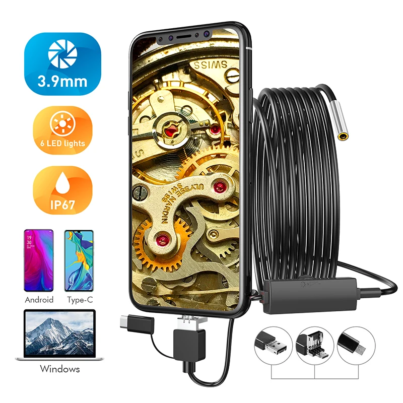 Камера Эндоскоп 3 в 1 9 мм Полужесткий USB/Micro USB/Type C HD 1080P IP67 водонепроницаемая камера