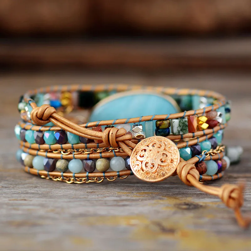 

Multilayered Leather Wrap Bracelet W/ Natural Stone Amazonite Beaded Strands Bracelet Boho Beads Jewelry Wholesale Dropship