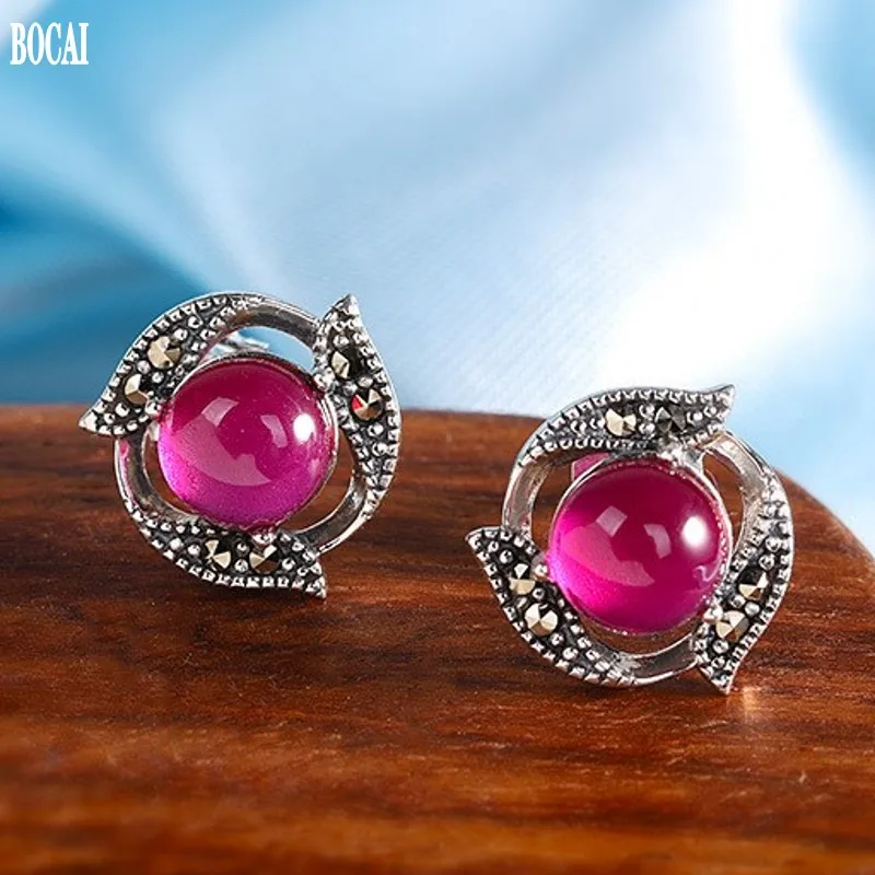 

Новинка тайские серебряные серьги Г., Женские Ювелирные изделия BOCAI из чистого серебра 100% пробы, маленькие свежие красные женские серьги из ...