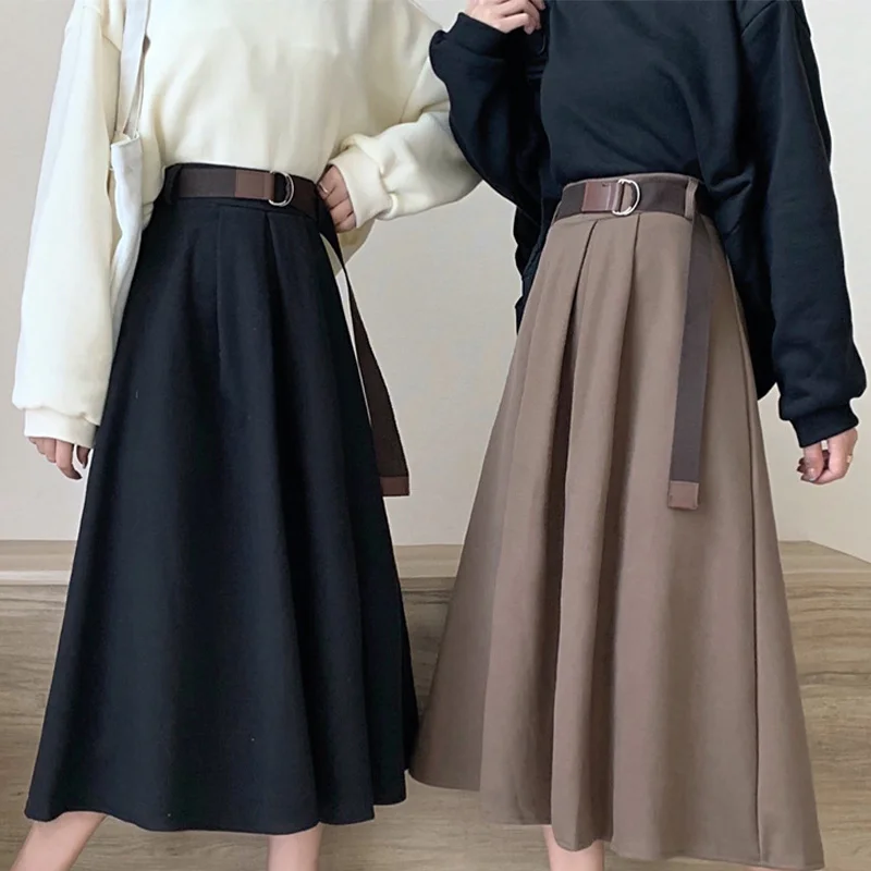

Solid Skirts Women's High Waist Mid-calf Girls Pleated Skirt Korean Style Elegant College Ins 2021 Autumn and Winter All-match