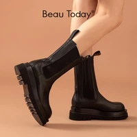 beautoday chelsea boots women genuine cow leather platform round toe mid calf length autumn ladies shoes handmade 02366