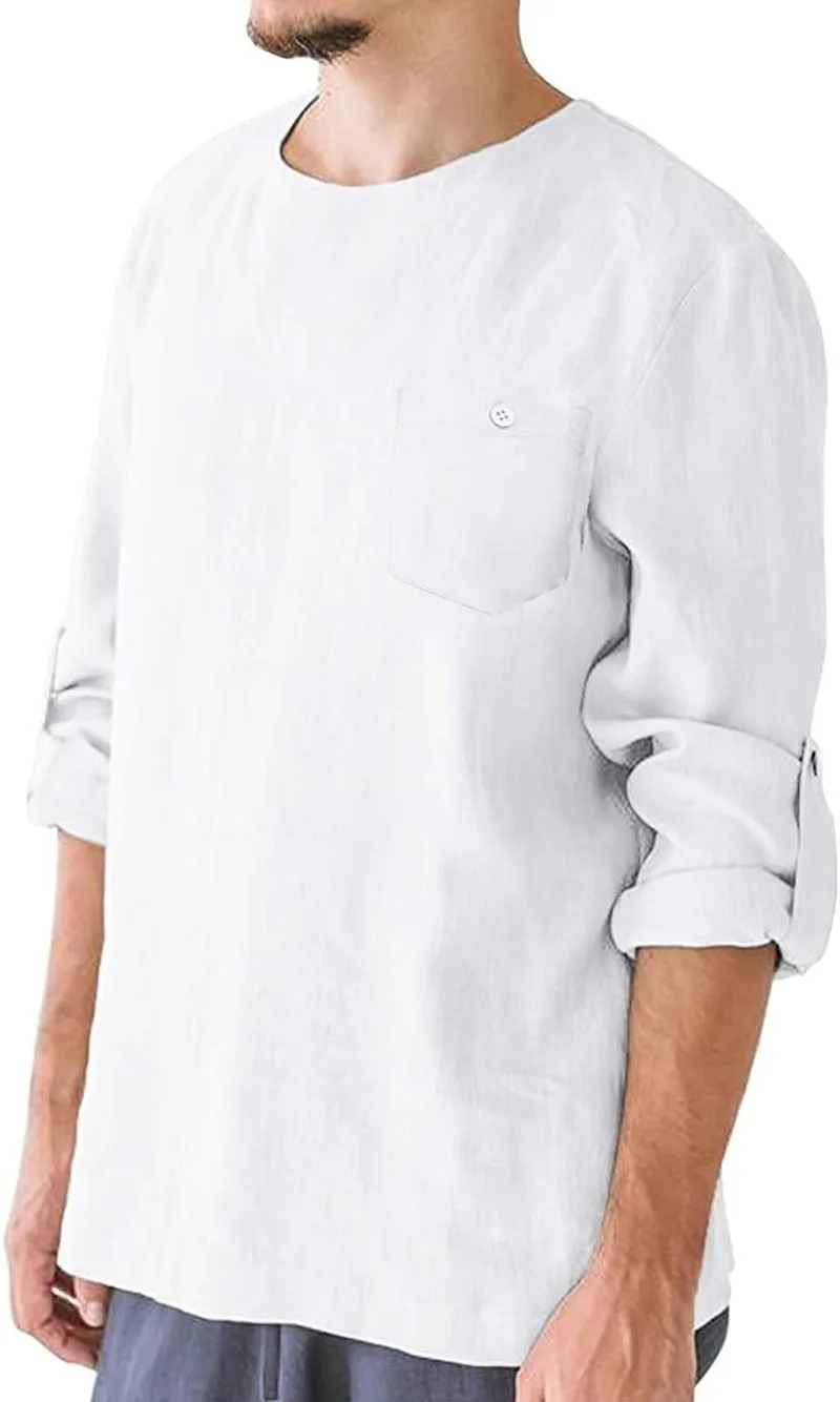 

2020 Summer Autumn New Hot-selling Long-sleeved Round Neck Cotton and Linen Loose Shirt Casual Plus Size Camisas Para Hombre