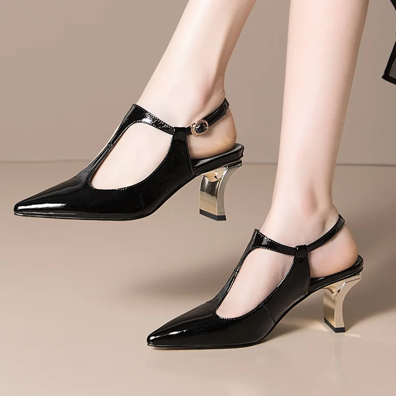 

2020 women shoes genuine leather high heels pointed toe T-Strap ankle strap shoes woman dress party office ladies shoes pumps