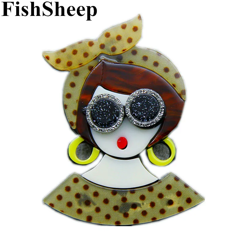 

FishSheep 2020 Big Acrylic Girl Brooch For Women Resin Cartoon Lovely Girl With Glasses Brooches Fashion Jewelry Lapel Pins Gift