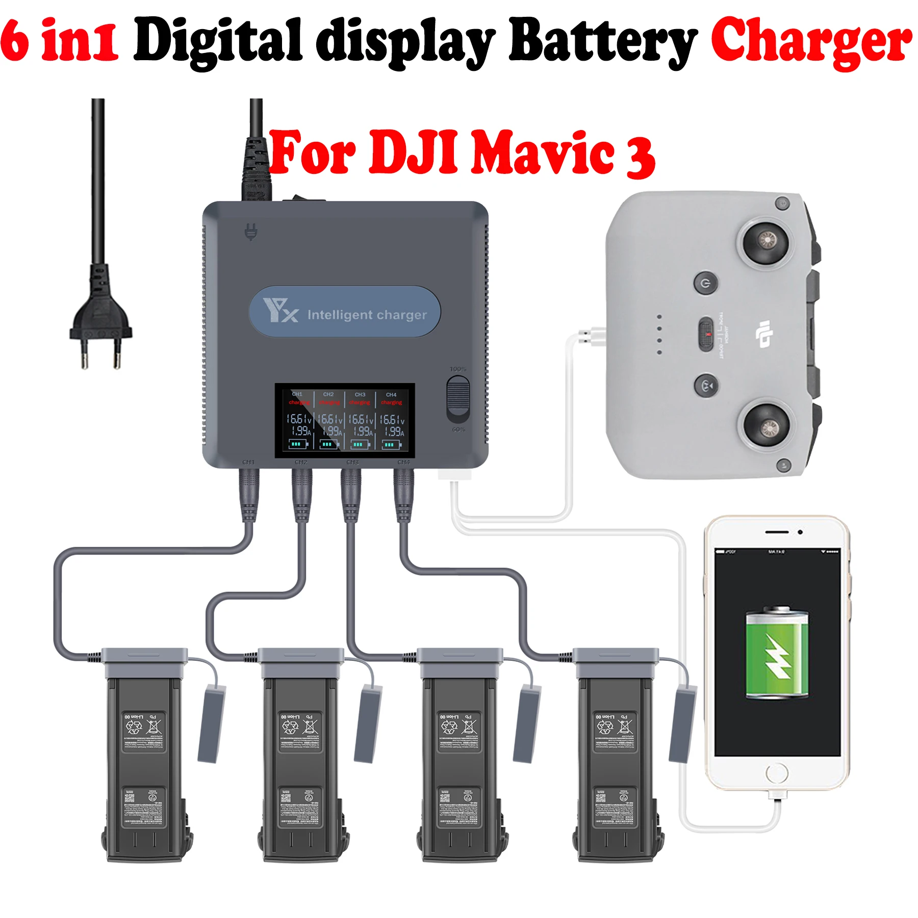 6 in 1 Digital display Battery Charger for DJI Mavic 3 Drone Battery Charging Hub Fast Smart Battery Charger with USB Hub adapte