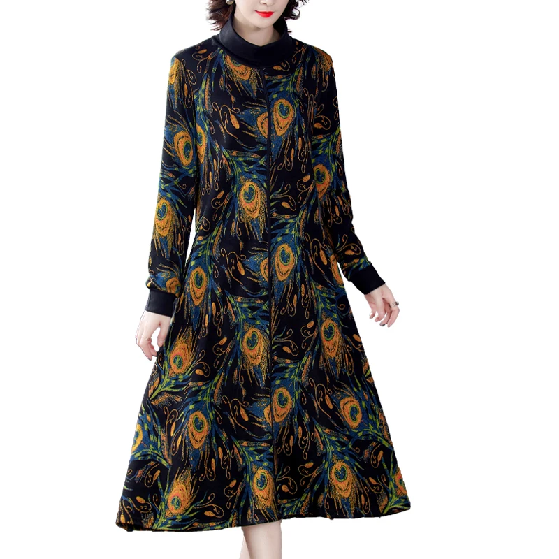 

2021 Autumn Winter Vintage Print Plush Padded Warm New One Piece Dress 5XL Plus Size Casual Midi Dresses Women Elegant Party