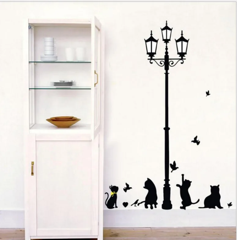 Black Cat Bird Street Lamp Streetlight Wall Stickers DIY Removable Home Decoration For Kids Room Nursery Bedroom Bathroom Mural | Дом и сад