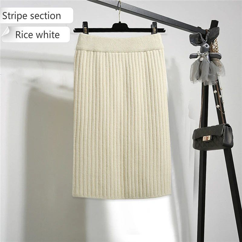 Rice white stripe Осенняя и зимняя юбка средней длины с высокой талией, облегающая нижняя часть, открытая бедра и вязанная одношаговая юбка, Женская юбка-бандаж - Цвет: Rice white stripe