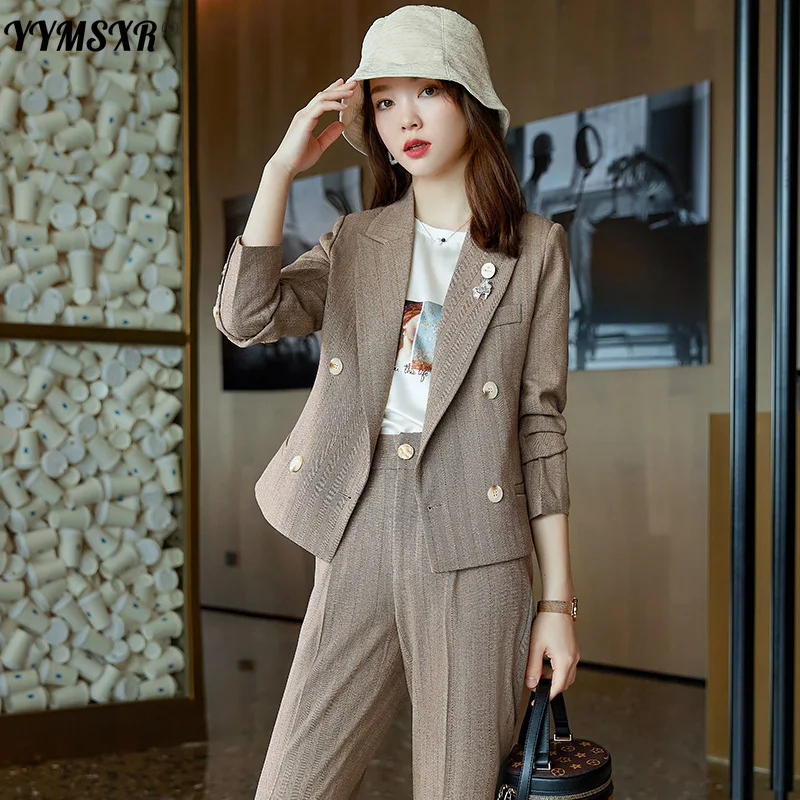 

High Quality Women's Suit Pants Two-piece Autumn and Winter Elegant Striped Short Ladies Jacket High Waist Trousers