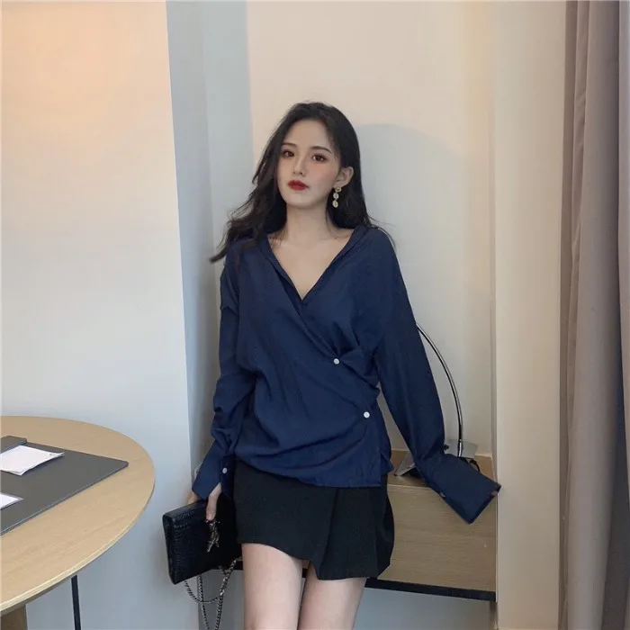 

Женские топы, свободные Весенние Блузы с длинным рукавом и V-образным вырезом в Корейском стиле, модная женская одежда, офисные женские руба...