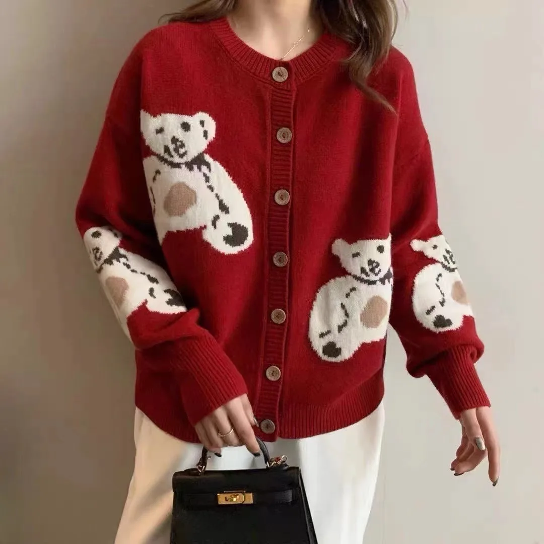 

2021 Spring and Autumn Women's Cardigan Sweater New Korean Jacquard Knitted Women's Cartoon Cute Sweater