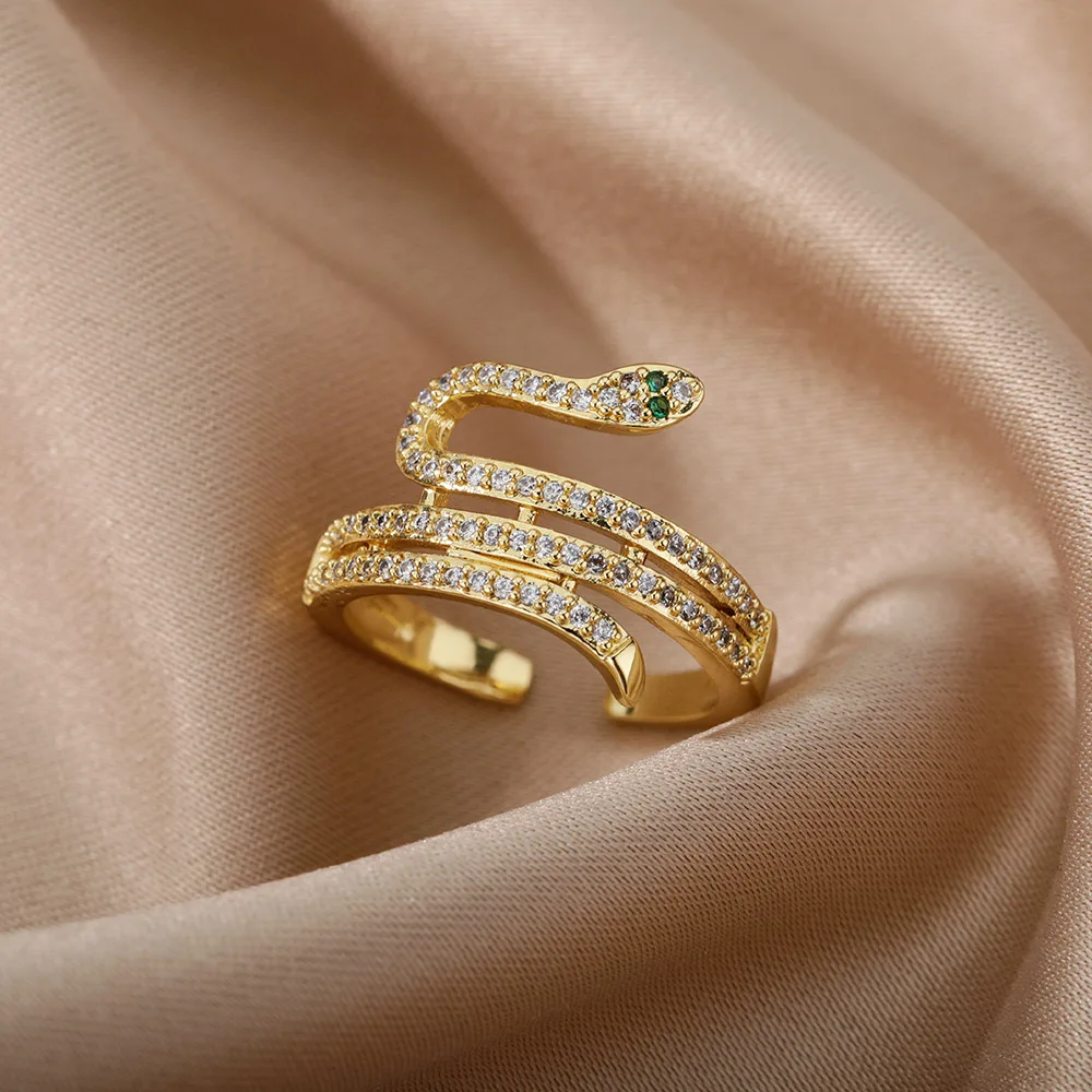 Exaggerated Retro Snake Rings For Women Men Punk Hip Hop Open Adjustable Gold Ring Stainless Steel Zircon Boho Jewerly anillos |