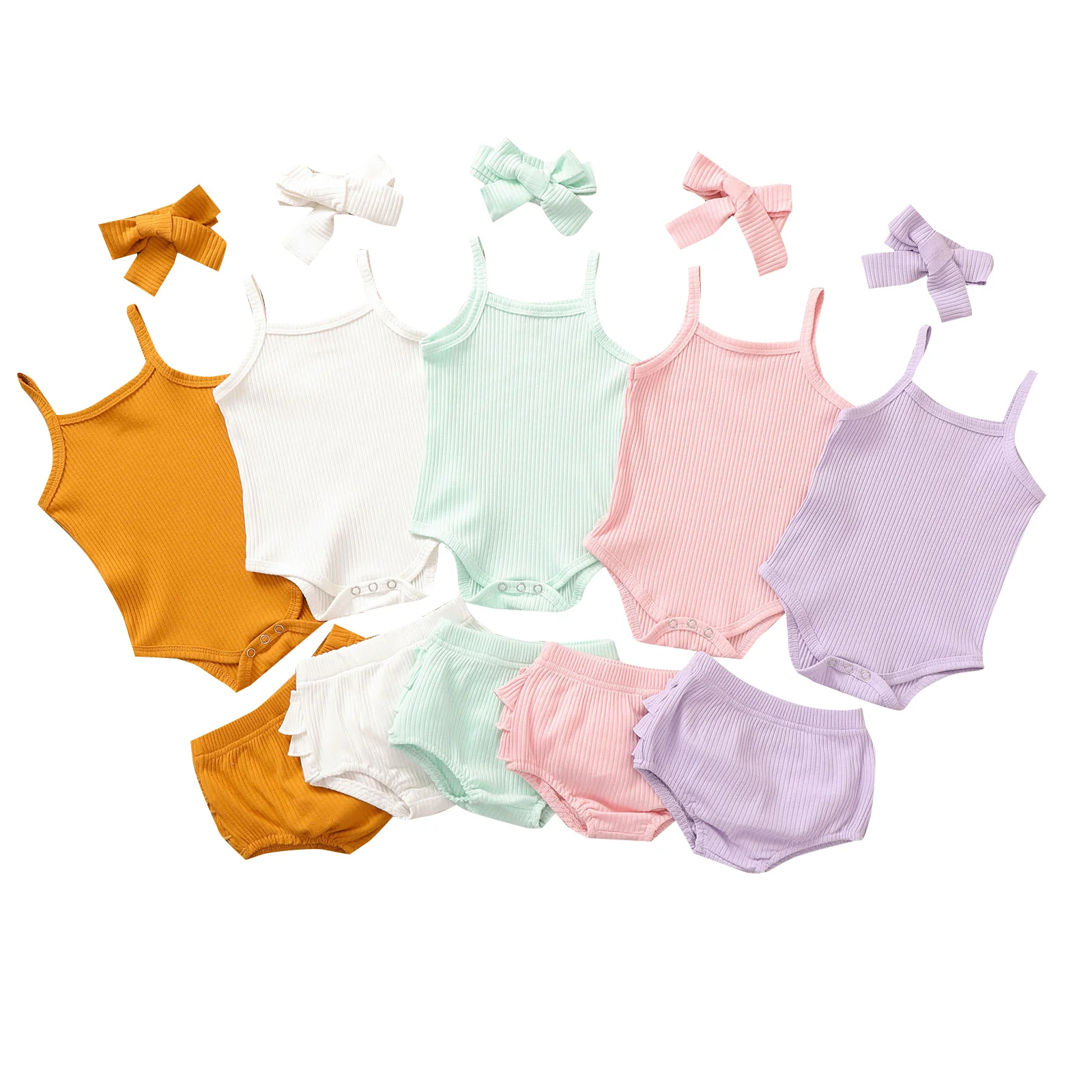 

2021 Summer Infant Newborn Girls 3 Pcs Outfits Suits Sleeveless Knit Romper Tank Top + Ruffle Shorts + Headband 0-18Months Set
