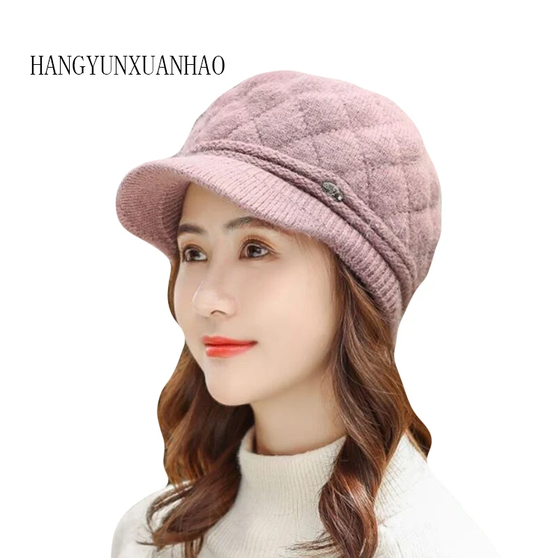 Autumn Winter Hats for Women Warm Thick Rabbit Fur Hats Women Newsboy Berets Ladies With Woolen Knitted Hat Female Caps