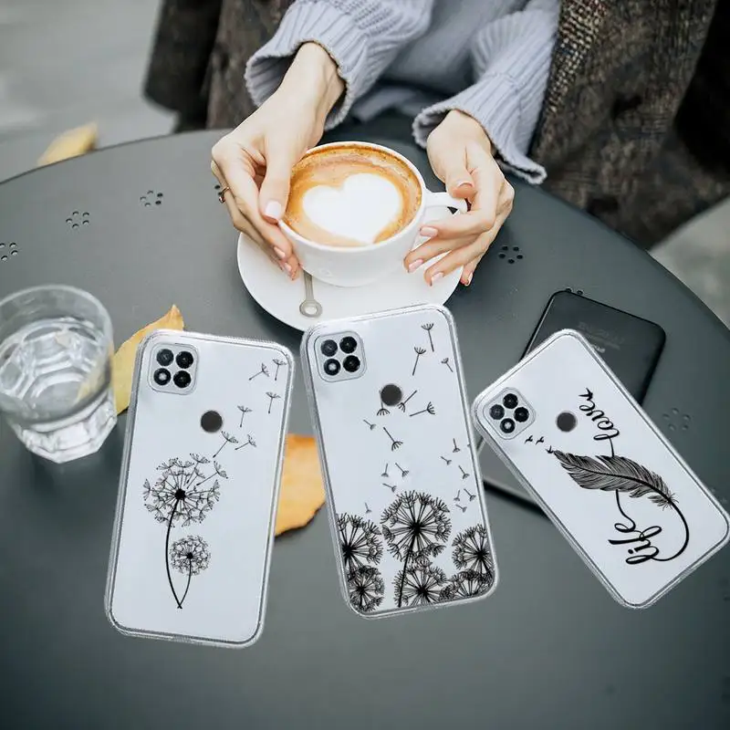 

Dandelion Feather Text art design Phone Case Transparent for Xiaomi redmi note 5 7 8 9 10 11 t S A lite pro high quality funda