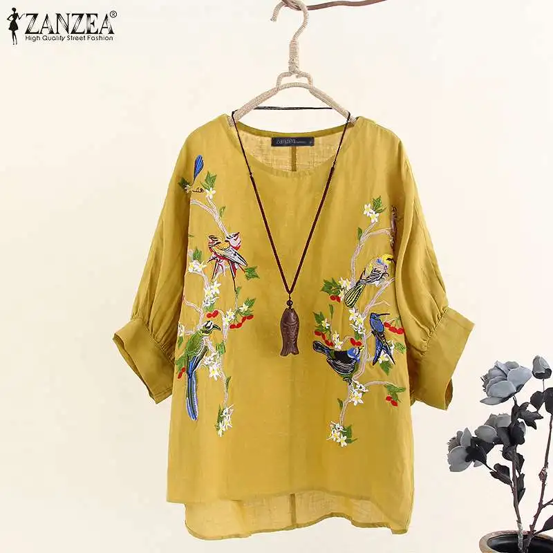 Blusas Top ZANZEA Женская Туника топы Осенние винтажные 3/4 рукав блузка для вечеринок повседневные вышитые Хлопковые женские рубашки свободного кроя